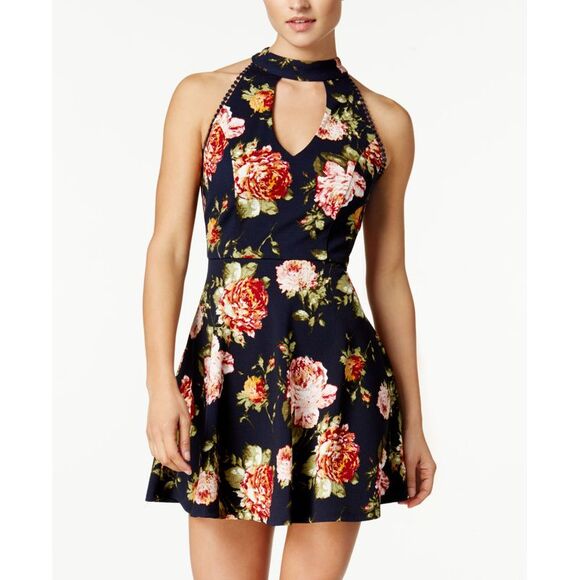 Crystal Doll Juniors Floral Print Fit Flare Dress - Picture 1 of 3